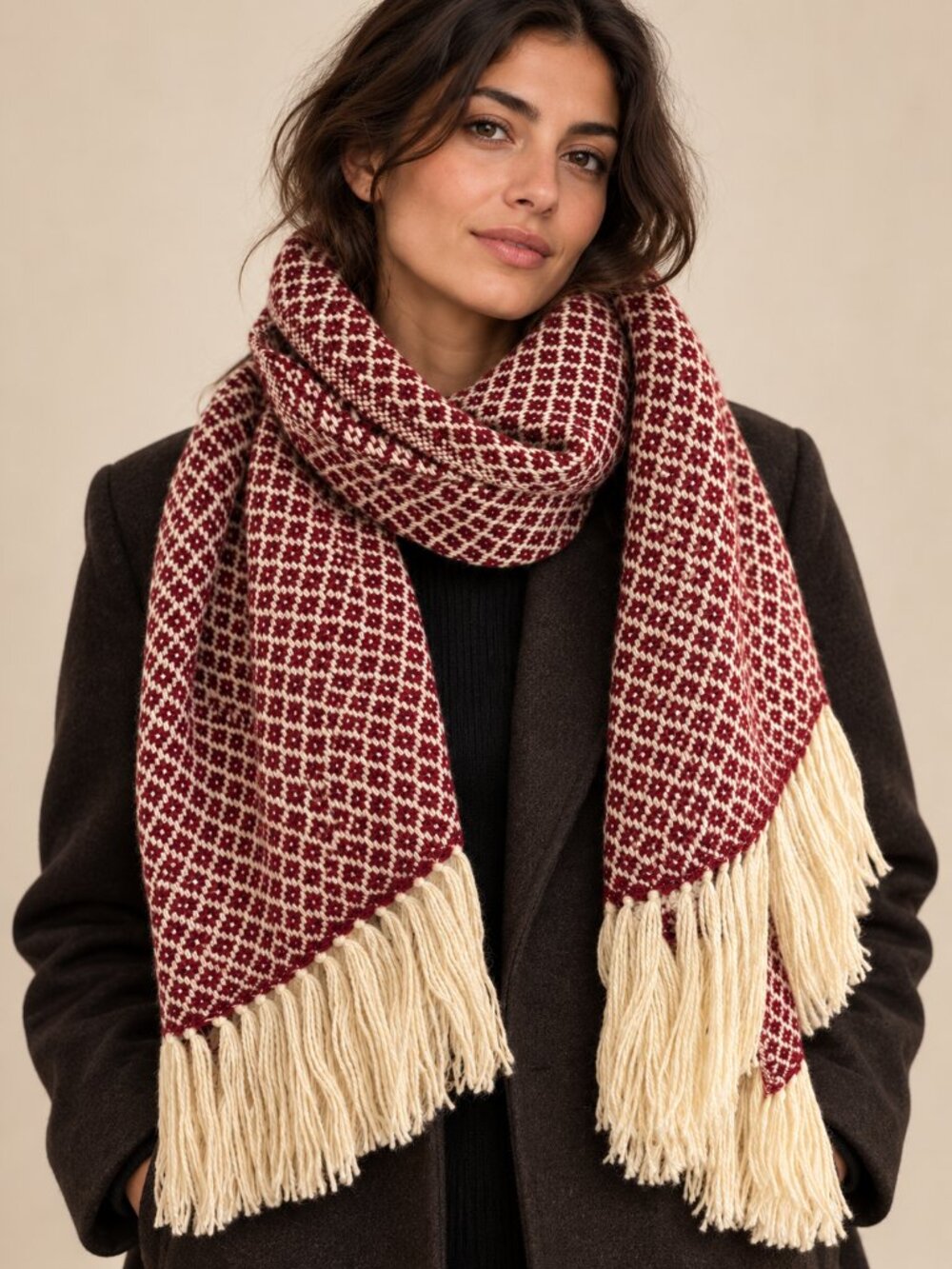 Artisan, Wool, Burgundy & Cream Woven Scarf with Fringe